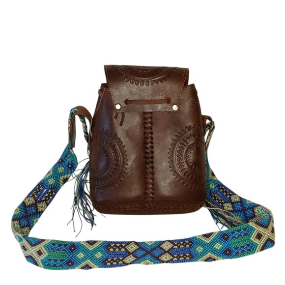 Leather Tooled Crossbody Purse Dark Brown With Turquoise & Green Crochet Strap - Picture 3 of 16